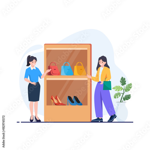 Women shopping in a clothing store, Shopping fashion.Flat style vector illustration.