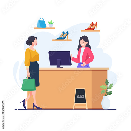 Women shopping in a clothing store, Shopping fashion.Flat style vector illustration.