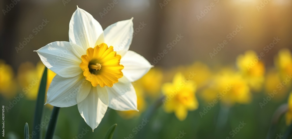 Fototapeta premium Close-up of white daffodil with yellow center. Daffodils grow in field with green grass. White and yellow narcissus flowers in garden. Daffodils bloom in sunny meadow. Spring flowers in field.