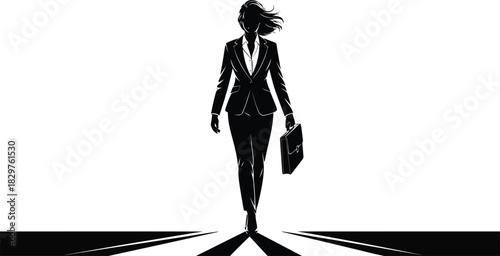 A determined businesswoman silhouette walks on a converging path with intersecting lines carrying her briefcase