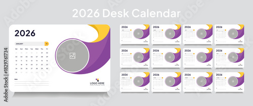 New year desk calendar 2026 template, corporate desk calendar schedule 2026 monthly 12-page planner layout, editable vector eps 10 file format