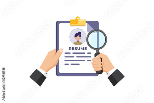 Vector illustration of Resume Review and Screening with Magnifying Glass on Clipboard for Job Search Recruitment Process.