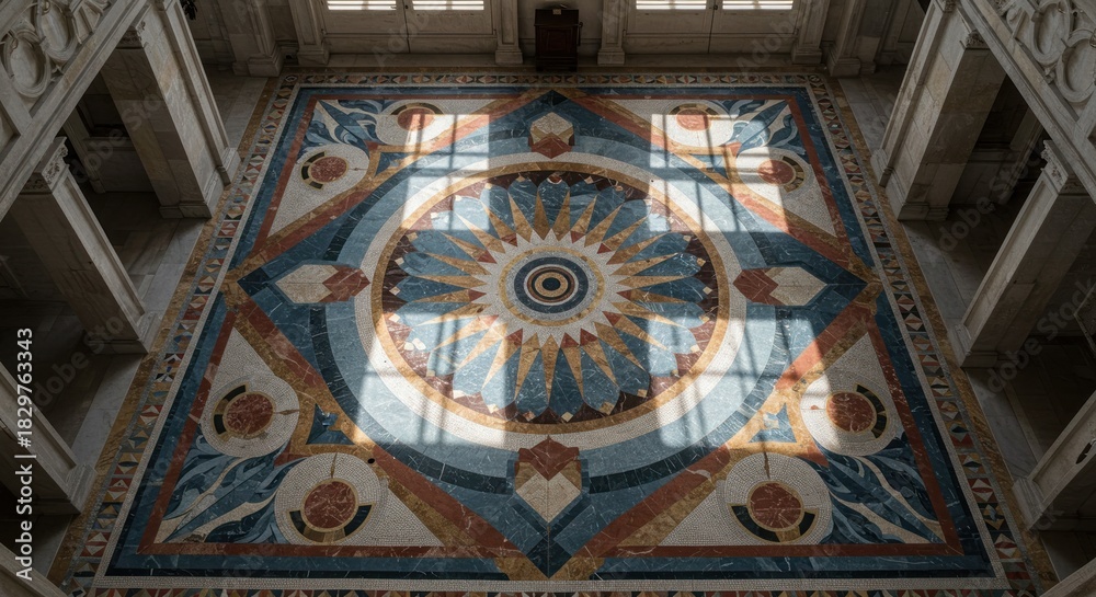 Obraz premium Geometric pattern tile floor with overhead sunlight creating shadows and interesting designs