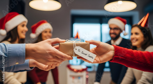 Secret Santa Gift Exchange: Festive colleagues gather, exchanging beautifully wrapped gifts adorned with heartfelt tags, radiating camaraderie. The atmosphere is filled with laughter and anticipation.