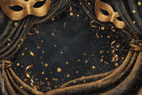 Elegant black and gold background with masquerade masks, flowing drapery, and sparkling glitter, perfect for festive celebrations.