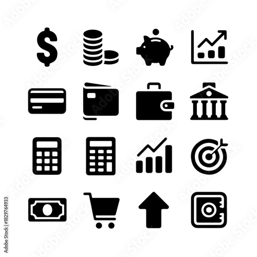 Finance Icon Set. Vector Design Pack Isolated on White Background. Grunge Stamp Vector Illustration.