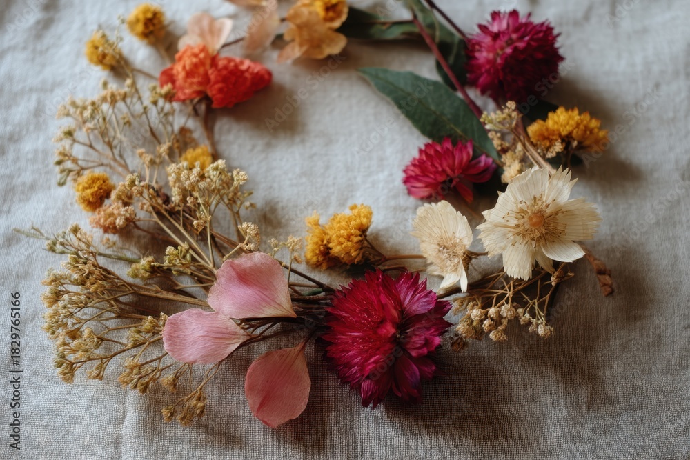 Fototapeta premium Floral Embrace: A meticulously crafted floral wreath, composed of delicate blossoms and vibrant hues, symbolizing beauty and grace. The scene exudes an aura of natural elegance.