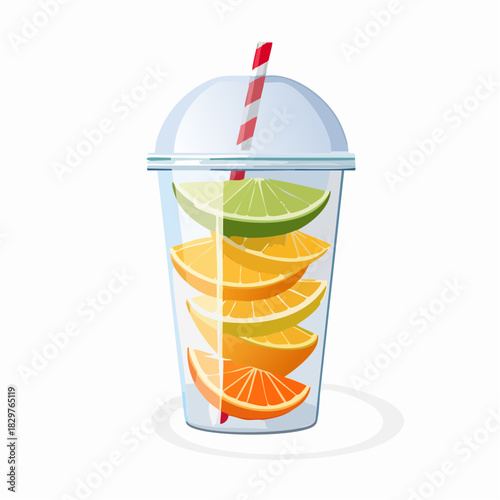 Refreshing Citrus Drink with Sliced Oranges and Limes in a Clear Plastic Cup with Red and White Straw Against a White Background with Subtle Shadow