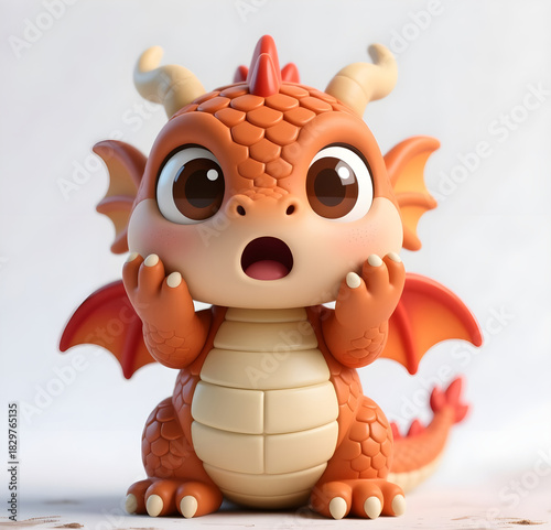 Adorable surprised orange cartoon dragon character