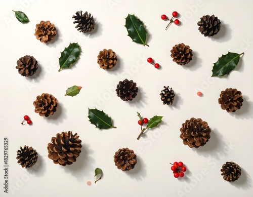 Overhead shot of natural seasonal arrangement featuring pine cones, holly, and red berries on light background