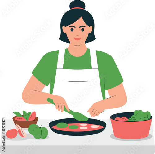 Woman in apron cooking a healthy meal with fresh ingredients in a home kitchen vector illustration