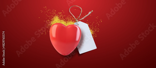 Red 3D vector heart with blank gift tag and golden glitter on a red background, romantic design for Valentines Day, love messages, gifts and holiday sales