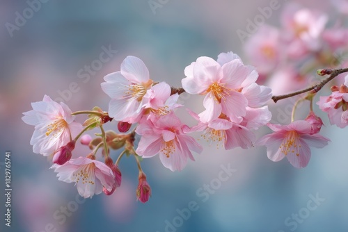 Cherry Blossom in Bloom: A delicate close-up reveals the exquisite beauty of cherry blossom flowers in full bloom. The soft pink petals contrast with a blurred, pastel background.