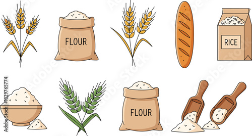Agricultural grain and baking ingredient vector set featuring wheat and rye ears, sacks of flour, rice packaging, bread, and wooden scoops of grain for farm-to-table and food industry concepts.