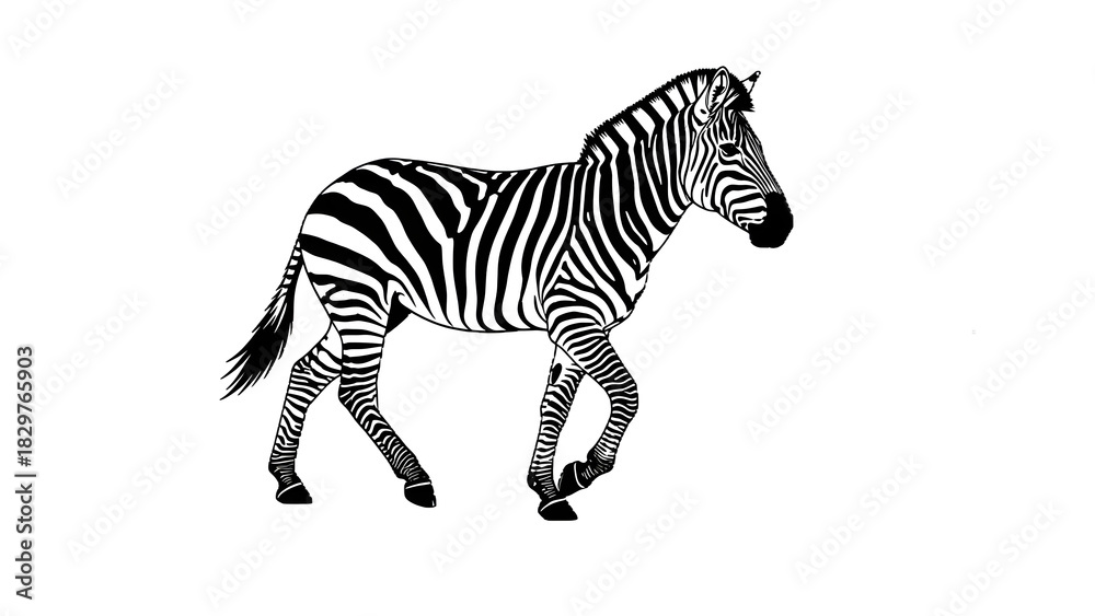 Naklejka premium Black and white linework creates a walking zebra illustration for branding and graphics.