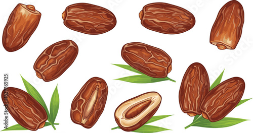 Detailed collection of sweet Medjool date fruit with seeds and fresh green leaves, illustrating healthy eating, fasting, Ramadan, Islamic culture, and organic tropical food vector set.