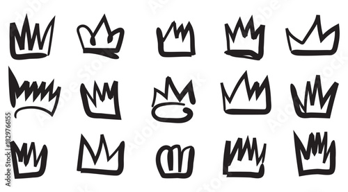 Golden crown crayon pencil hand drawn doodle scribble set. Line freehand splash royal jewel. Charcoal textured dry brush collection.