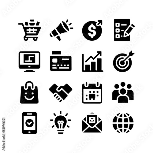 Marketing Icon Set. Vector Design Pack Isolated on White Background. Grunge Stamp Vector Illustration.