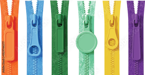Collection of six realistic vector illustrations of open zippers in vibrant colors with different slider shapes, representing clothing accessories, fastening, fashion design, crafting, and repair conc