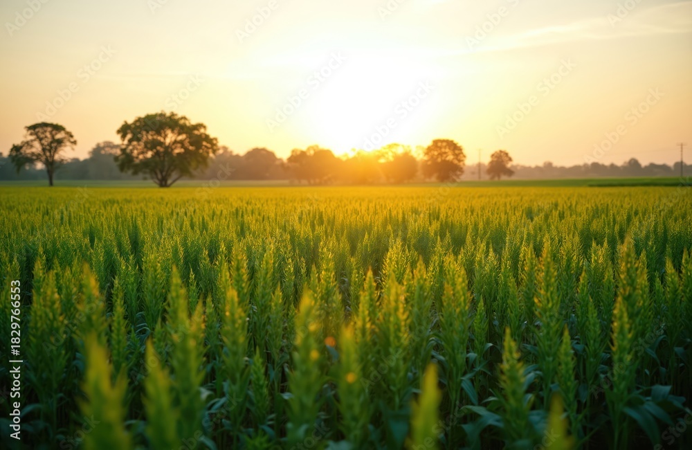 Obraz premium Green sorghum plants grow tall in a vast field at sunrise. Warm sunlight bathes the expansive farmland. Trees dot the horizon under a clear sky.