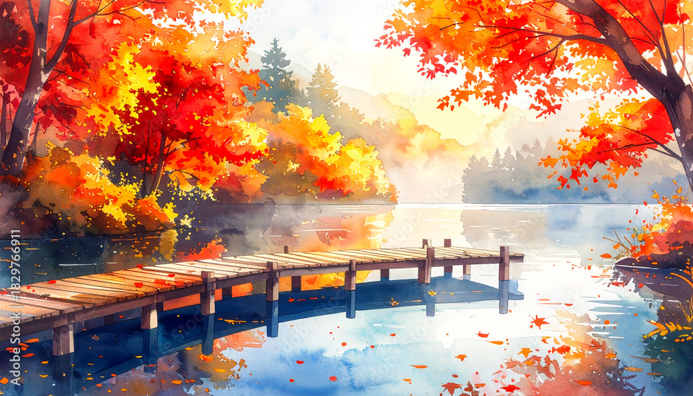 Obraz premium 紅葉が映る湖と木製の桟橋がある静かな秋の風景イラスト