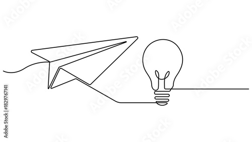 Paper plane flying up connected with light bulb in one continuous line drawing, Idea with bulb and paper plane, Light bulb and Paper plane single continuous line drawing vector illustration