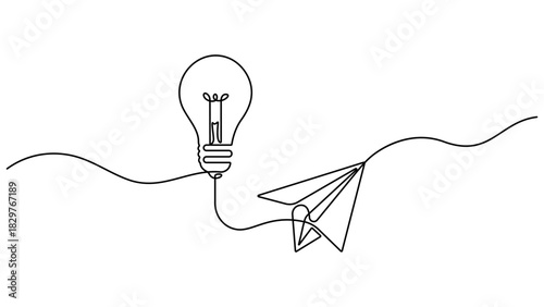 Paper plane flying up connected with light bulb in one continuous line drawing, Idea with bulb and paper plane, Light bulb and Paper plane single continuous line drawing vector illustration