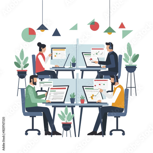 Team of professionals collaborating in a modern office environment.