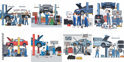 Collection of illustrations showing auto service mechanics and technicians working on car repairs and maintenance in a professional garage setting.