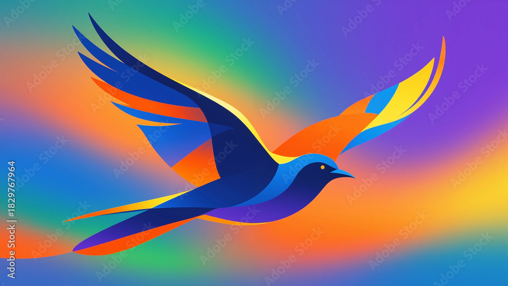 Obraz premium Abstract, minimalist illustration of a bird in flight, dynamic composition, clean lines, vibrant color palette