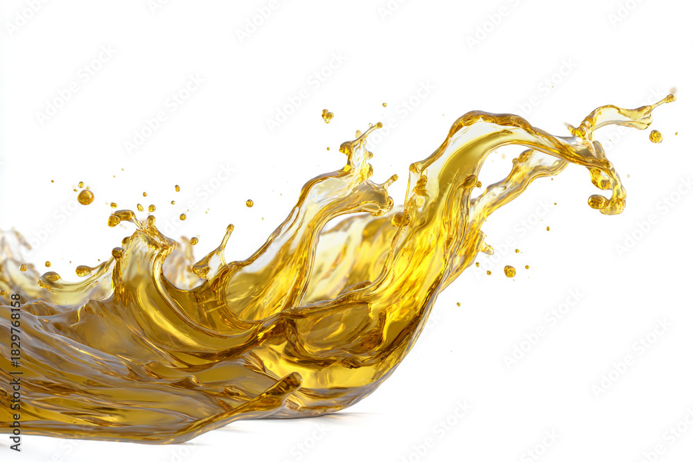 Fototapeta premium golden liquid splash with droplets on white background