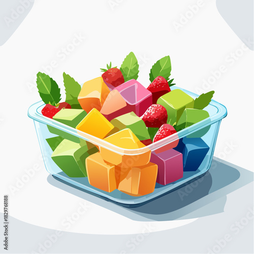 Clear Glass Container Filled With Colorful Fruit Jelly Cubes and Fresh Strawberries and Mint Leaves on a Light Blue Background with Soft Shadows