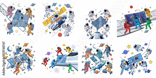 Space maintenance crew repairing solar panels and spacecraft in orbit illustration set.