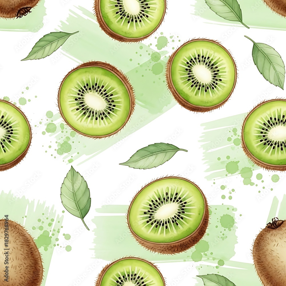 Fototapeta premium Seamless Pattern of Fresh Kiwi Fruit Halves and Green Leaves on White Background with Light Green Paint Splashes Refreshing and Healthy