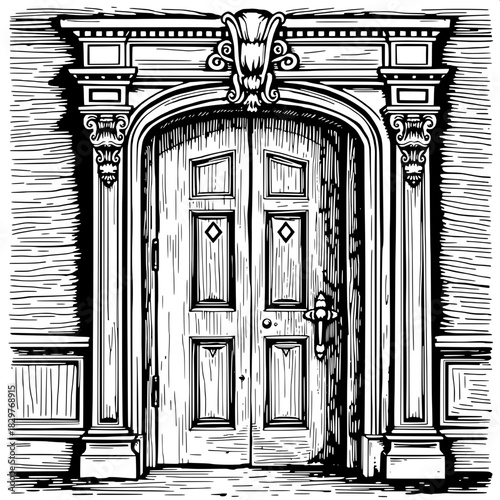 A balanced, front-lit black-and-white drawing of a vintage wooden doorway with elaborate moldings, diamond-accented panels, and a sturdy handle. The style reflects classic woodcut prints with dense te