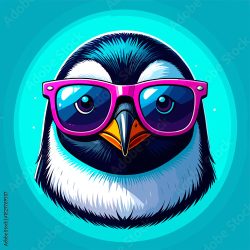 A vibrant cartoon penguin face variation featuring hot pink sunglasses with rounded square frames