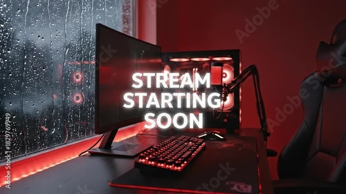 Stream Starting Soon: Gaming Setup with Rain. Stream starting soon screen, overlay loop, animated virtual backgrounds, cozy lo-fi gaming room view. vtuber asset twitch zoom OBS.