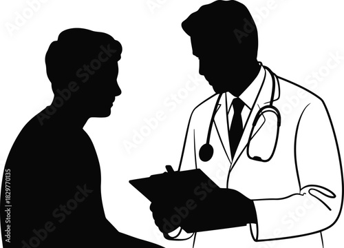 A doctor wearing a white coat and stethoscope consults with a patient about health concerns