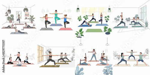 Diverse set of yoga illustrations showing groups and individuals practicing different poses like Warrior and Tree Pose in bright, minimalist studios with houseplants.