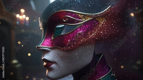 Carnival mask glowing on dark background, colorful sparkle design and golden glitter. 