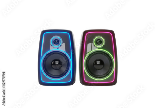 Two illuminated modern speakers with blue and pink neon edges isolated on transparent background