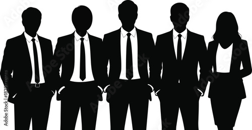 A group of five professional business people, four men and one woman, stand together in suits