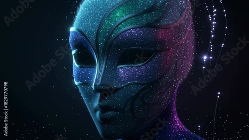 Carnival mask glowing on dark background, colorful sparkle design and golden glitter. 