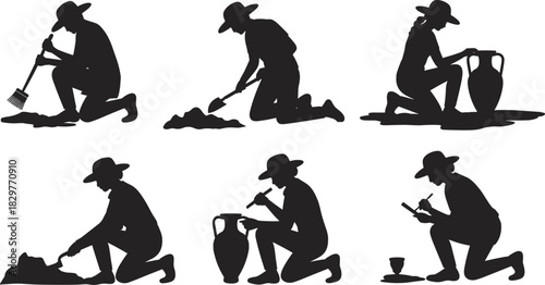 Silhouettes of archaeologists excavating artifacts, digging, brushing, documenting discoveries, ancient pottery exploration, field research activity, historical excavation illustration