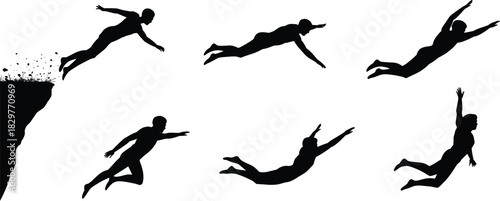 Silhouettes of people diving forward in dynamic motion, athletic jump sequence illustration, action poses isolated on white background for sports and movement concepts