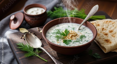 Aromatic and delicious steaming yogurt soup presentation with rustic touch and fresh herbs