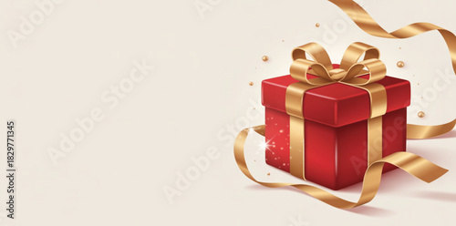 A high-quality, elegant 3D render of a single vibrant red matte gift box tied with a luxurious, free-flowing metallic gold ribbon and bow.