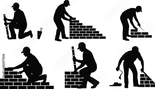 Silhouette construction workers building brick walls using tools, masonry laborers working on structure, professional builders performing tasks in various positions, vector illustration