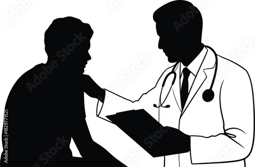 A healthcare professional wearing a white coat and stethoscope advises a patient during a medical appointment