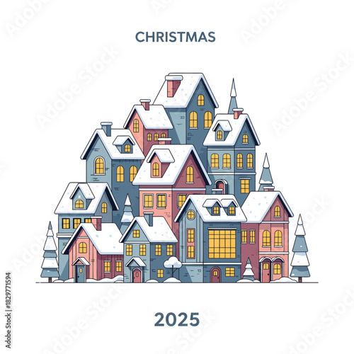 A charming winter village illustration with snow-covered rooftops and glowing windows, representing a festive and cozy holiday scene